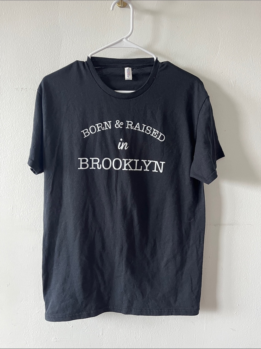 Jerzees Black Tee with White "Born & Raised in Brooklyn" Graphic